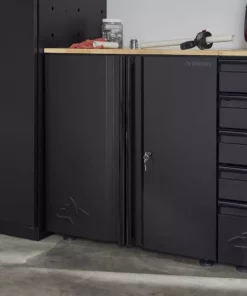 Husky Extra Wide Heavy Duty Welded 20-Gauge Steel 2-Door Garage Base Cabinet in Black (32 in. W x 33 in. H x 21.5 in. D) -Deals Hand Tools Zone Store black husky free standing cabinets htc1000001 ex 31 1000