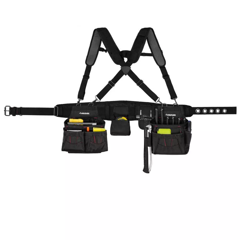 Husky 2-Bag 18 -Pocket Black Framer's Suspension Rig Work Tool Belt with Suspenders 3 Husky 2-Bag 18 -Pocket Black Framer's Suspension Rig Work Tool Belt with Suspenders