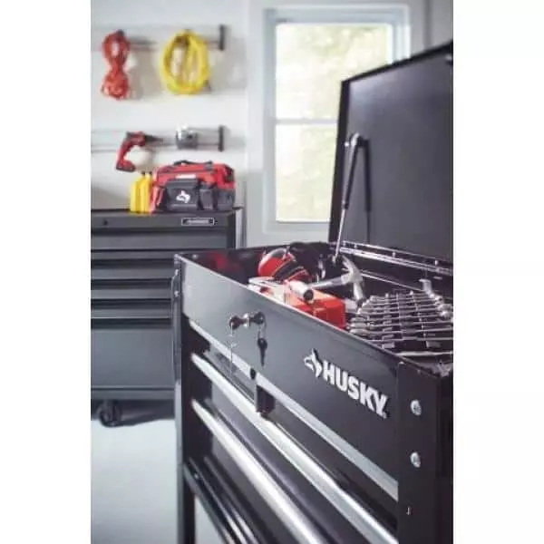 Husky 33 in 4-Drawer Mechanics Cart with Extended Side Table and Bottle Tray 17 Husky 33 in 4-Drawer Mechanics Cart with Extended Side Table and Bottle Tray - Image 15