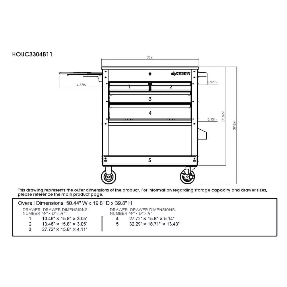 Husky 33 in 4-Drawer Mechanics Cart with Extended Side Table and Bottle Tray 5 Husky 33 in 4-Drawer Mechanics Cart with Extended Side Table and Bottle Tray - Image 3