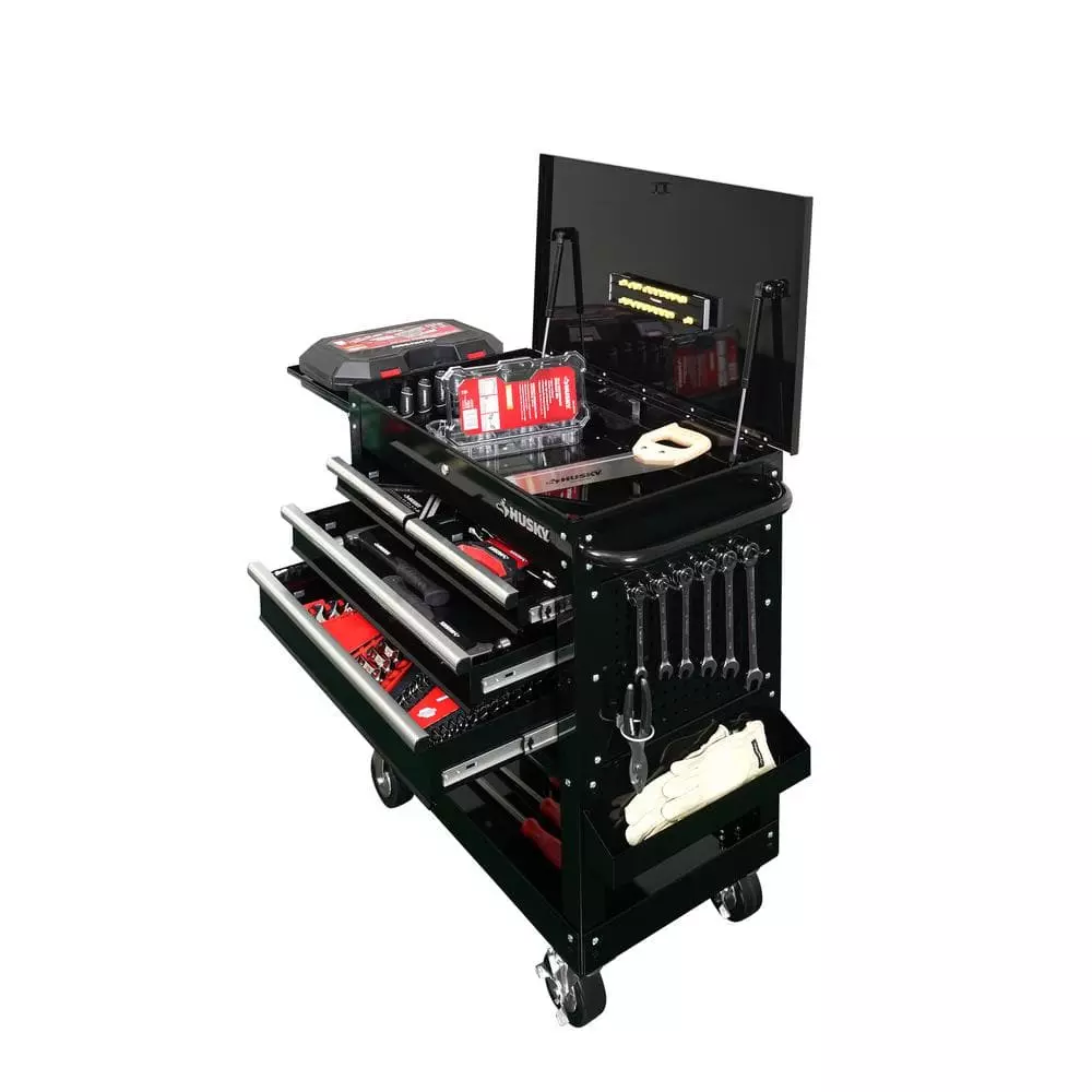 Husky 33 in 4-Drawer Mechanics Cart with Extended Side Table and Bottle Tray 15 Husky 33 in 4-Drawer Mechanics Cart with Extended Side Table and Bottle Tray - Image 13