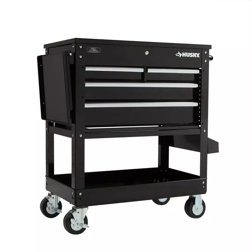 Husky 33 in 4-Drawer Mechanics Cart with Extended Side Table and Bottle Tray 16 Husky 33 in 4-Drawer Mechanics Cart with Extended Side Table and Bottle Tray - Image 14