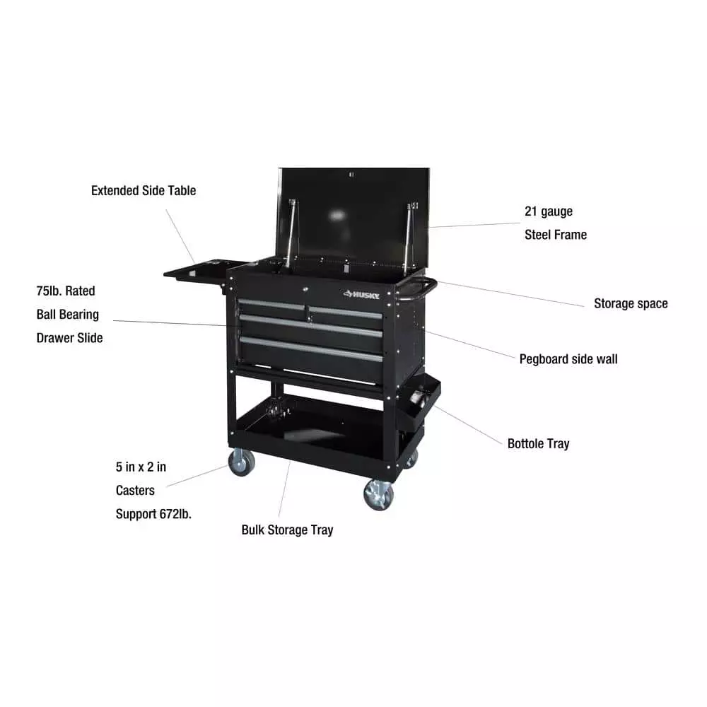 Husky 33 in 4-Drawer Mechanics Cart with Extended Side Table and Bottle Tray 4 Husky 33 in 4-Drawer Mechanics Cart with Extended Side Table and Bottle Tray - Image 2