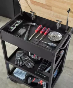 Husky Utility Cart with Wooden Top in Black (24.25 in. W x 37.5 in. H x 17.5 in. D) -Deals Hand Tools Zone Store black husky utility carts htc1000018 1d 1000