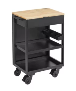Husky Utility Cart with Wooden Top in Black (24.25 in. W x 37.5 in. H x 17.5 in. D)