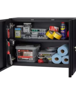 Husky Extra Wide Heavy Duty Welded 20-Gauge Steel Wall Mounted Garage Cabinet in Black (32 in. W x 22 in. H x 14 in. D) -Deals Hand Tools Zone Store black husky wall mounted cabinets htc1000010 ex 66 1000
