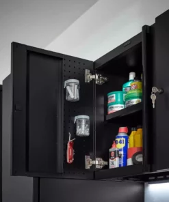 Husky Extra Wide Heavy Duty Welded 20-Gauge Steel Wall Mounted Garage Cabinet in Black (32 in. W x 22 in. H x 14 in. D) -Deals Hand Tools Zone Store black husky wall mounted cabinets htc1000010 ex 77 1000