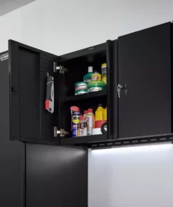 Husky Extra Wide Heavy Duty Welded 20-Gauge Steel Wall Mounted Garage Cabinet in Black (32 in. W x 22 in. H x 14 in. D) -Deals Hand Tools Zone Store black husky wall mounted cabinets htc1000010 ex d4 1000