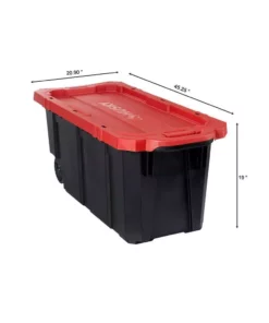 Husky 45 Gal. Latch and Stack Tote with Wheels in Black with Red Lid -Deals Hand Tools Zone Store black red husky storage bins 206201 40 1000