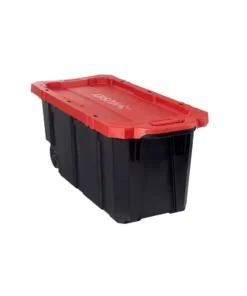 Husky 45 Gal. Latch and Stack Tote with Wheels in Black with Red Lid