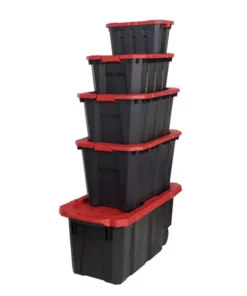Husky 45 Gal. Latch and Stack Tote with Wheels in Black with Red Lid -Deals Hand Tools Zone Store black red husky storage bins 206201 76 1000