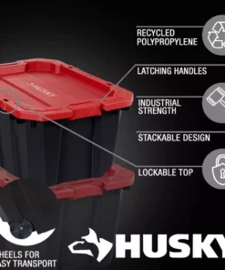Husky 45 Gal. Latch and Stack Tote with Wheels in Black with Red Lid -Deals Hand Tools Zone Store black red husky storage bins 206201 a0 1000