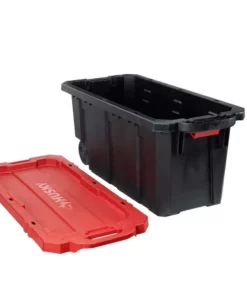 Husky 45 Gal. Latch and Stack Tote with Wheels in Black with Red Lid -Deals Hand Tools Zone Store black red husky storage bins 206201 c3 1000