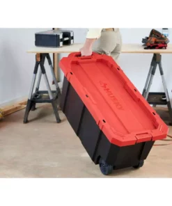 Husky 45 Gal. Latch and Stack Tote with Wheels in Black with Red Lid -Deals Hand Tools Zone Store black red husky storage bins 206201 fa 1000