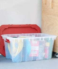Husky 25 Gal. Latch and Stack Tote in Clear with Red Lid -Deals Hand Tools Zone Store clear husky storage bins 206234 31 1000