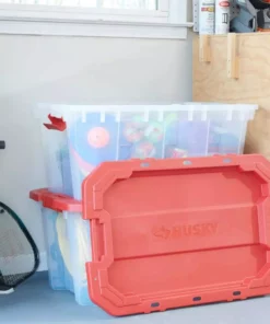 Husky 25 Gal. Latch and Stack Tote in Clear with Red Lid -Deals Hand Tools Zone Store clear husky storage bins 206234 fa 1000 1