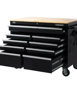 Husky 46 in. W x 24.5 in. D Standard Duty 9-Drawer Mobile Workbench Tool Chest with Solid Wood Top in Gloss Black -Deals Hand Tools Zone Store gloss black with silver trim husky mobile workbenches h46mwc9v2 44 1000