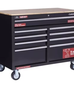 Husky 46 in. W x 24.5 in. D Standard Duty 9-Drawer Mobile Workbench Tool Chest with Solid Wood Top in Gloss Black -Deals Hand Tools Zone Store gloss black with silver trim husky mobile workbenches h46mwc9v2 66 1000