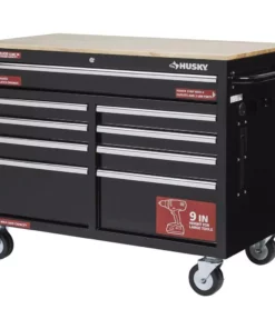 Husky 46 in. W x 24.5 in. D Standard Duty 9-Drawer Mobile Workbench Tool Chest with Solid Wood Top in Gloss Black -Deals Hand Tools Zone Store gloss black with silver trim husky mobile workbenches h46mwc9v2 76 1000
