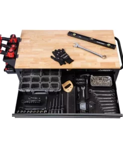 Husky 46 in. W x 24.5 in. D Standard Duty 9-Drawer Mobile Workbench Tool Chest with Solid Wood Top in Gloss Black -Deals Hand Tools Zone Store gloss black with silver trim husky mobile workbenches h46mwc9v2 77 1000