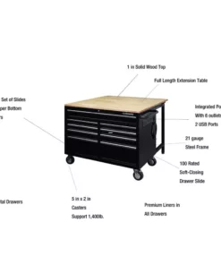 Husky 46 in.W x 51 in. D Standard Duty 9-Drawer Mobile Workbench with Solid Top Full Length Extension Table in Black -Deals Hand Tools Zone Store gloss black with silver trim husky mobile workbenches hotc4609b15m 1d 1000