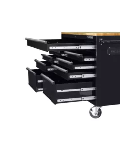 Husky 46 in.W x 51 in. D Standard Duty 9-Drawer Mobile Workbench with Solid Top Full Length Extension Table in Black -Deals Hand Tools Zone Store gloss black with silver trim husky mobile workbenches hotc4609b15m 1f 1000