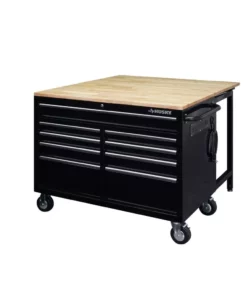 Husky 46 in.W x 51 in. D Standard Duty 9-Drawer Mobile Workbench with Solid Top Full Length Extension Table in Black