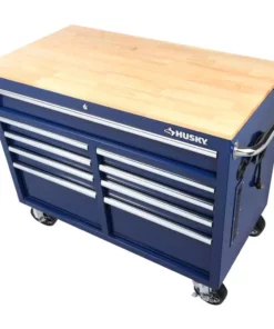 Husky 46 in. W x 24.5 in. D Standard Duty 9-Drawer Mobile Workbench Tool Chest with Solid Wood Top in Gloss Blue -Deals Hand Tools Zone Store gloss blue with silver trim husky mobile workbenches h46mwc9gbv2 1d 1000