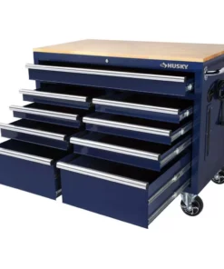 Husky 46 in. W x 24.5 in. D Standard Duty 9-Drawer Mobile Workbench Tool Chest with Solid Wood Top in Gloss Blue -Deals Hand Tools Zone Store gloss blue with silver trim husky mobile workbenches h46mwc9gbv2 a0 1000