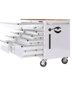 Husky 46 in. W x 24.5 in D Standard Duty 9-Drawer Mobile Workbench Tool Chest with Solid Wood Top in Gloss White -Deals Hand Tools Zone Store gloss white with silver trim husky mobile workbenches hotc4609bj6m 4f 1000