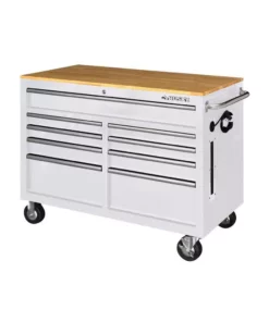 Husky 46 in. W x 24.5 in D Standard Duty 9-Drawer Mobile Workbench Tool Chest with Solid Wood Top in Gloss White