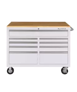 Husky 46 in. W x 24.5 in D Standard Duty 9-Drawer Mobile Workbench Tool Chest with Solid Wood Top in Gloss White -Deals Hand Tools Zone Store gloss white with silver trim husky mobile workbenches hotc4609bj6m c3 1000