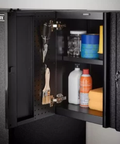 Husky Pro Duty Welded 20-Gauge Steel Wall Mounted Garage Cabinet in Black LINE-X (28 in. W x 22 in. H x 14 in. D) -Deals Hand Tools Zone Store husky black linex husky wall mounted cabinets htc1000010 lx 1d 1000