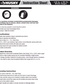 Husky 1/2 in. x 50 ft. Drain Auger -Deals Hand Tools Zone Store husky drain snakes 82 971 111 40 1000