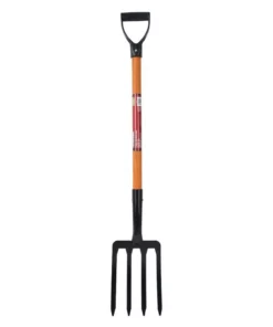 Husky 28 in. Short Wood Handle 4-Tine Spading Fork with D -Grip