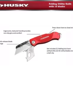Husky Folding Lock-Back Utility Knife, Red with 10-Blades -Deals Hand Tools Zone Store husky utility knives 99979 4f 1000