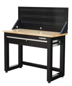 Husky 4 ft. Solid Wood Top Workbench in Black with Pegboard and 1 Drawer