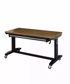 Husky 52 in.W x 24 in. D Steel 1-Drawer Adjustable Height Workbench with Dark Stained Wood Top in Gloss Black