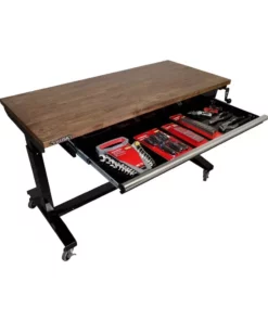 Husky 52 in.W x 24 in. D Steel 1-Drawer Adjustable Height Workbench with Dark Stained Wood Top in Gloss Black -Deals Hand Tools Zone Store husky workbenches holt5201b11 77 1000