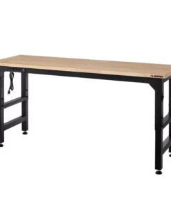 Husky 6 ft. Adjustable Height Solid Wood Top Workbench in Black for Heavy Duty Welded Steel Garage Storage System
