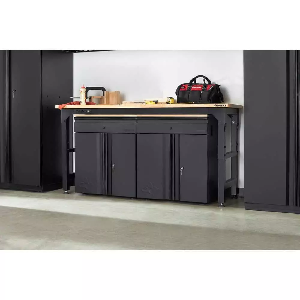 Husky 6 ft. Adjustable Height Solid Wood Top Workbench in Black for Heavy Duty Welded Steel Garage Storage System 4 Husky 6 ft. Adjustable Height Solid Wood Top Workbench in Black for Heavy Duty Welded Steel Garage Storage System - Image 2