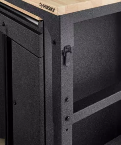 Husky 6 ft. Adjustable Height Solid Wood Top Workbench in Black with LINE-X Coating for Pro Duty Welded Steel Storage System -Deals Hand Tools Zone Store husky workbenches htc1000004 lx 1d 1000