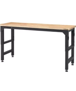 Husky 6 ft. Adjustable Height Solid Wood Top Workbench in Black with LINE-X Coating for Pro Duty Welded Steel Storage System