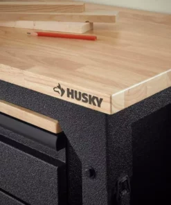 Husky 6 ft. Adjustable Height Solid Wood Top Workbench in Black with LINE-X Coating for Pro Duty Welded Steel Storage System -Deals Hand Tools Zone Store husky workbenches htc1000004 lx a0 1000