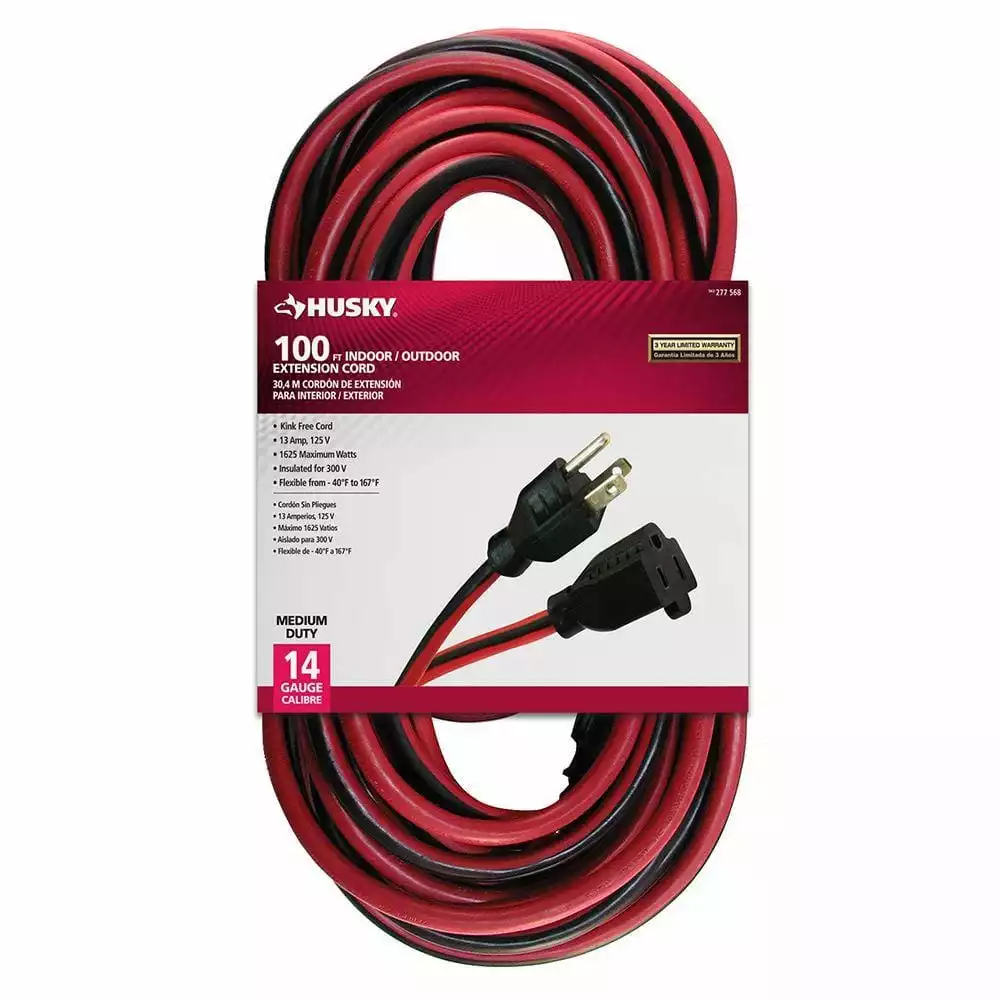 Husky 100 ft. 14/3 Indoor/Outdoor Extension Cord, Red and Black 2 Husky 100 ft. 14/3 Indoor/Outdoor Extension Cord, Red and Black