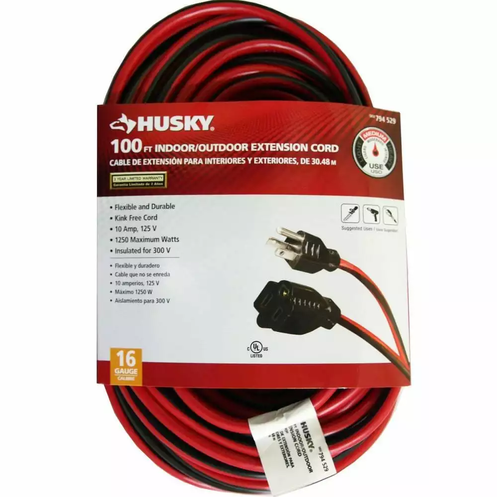 Husky 100 ft. 16/3 Medium-Duty Indoor/Outdoor Extension Cord, Red and Black 3 Husky 100 ft. 16/3 Medium-Duty Indoor/Outdoor Extension Cord, Red and Black