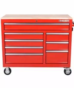 Husky 42 in. W x 18.1 in. D 8-Drawer Red Mobile Workbench Cabinet with Solid Wood Top -Deals Hand Tools Zone Store red husky mobile workbenches h42mwc8red 40 1000