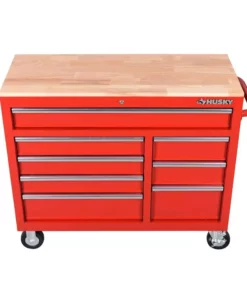 Husky 42 in. W x 18.1 in. D 8-Drawer Red Mobile Workbench Cabinet with Solid Wood Top -Deals Hand Tools Zone Store red husky mobile workbenches h42mwc8red a0 1000