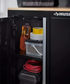 Husky 3-Piece Ready-to-Assemble Steel Garage Workstation in Black (26.6 in. W x 69.5 in. H x 19.5 in. D) -Deals Hand Tools Zone Store smooth glossy black powder coating husky garage storage systems g26003s1 us a0 1000