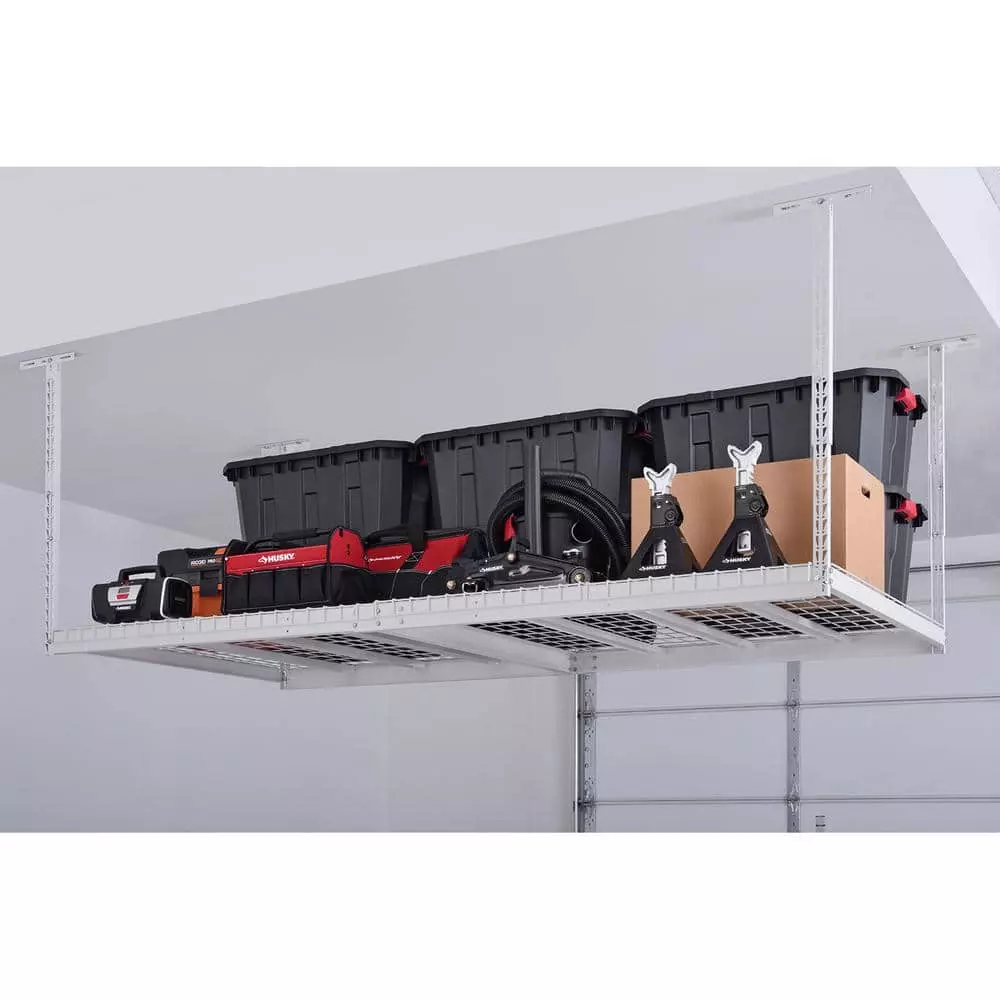 Husky Adjustable Height Overhead Ceiling Mount Garage Rack in White (42 in. H x 96 in. W x 32 in. D) 3 Husky Adjustable Height Overhead Ceiling Mount Garage Rack in White (42 in. H x 96 in. W x 32 in. D)